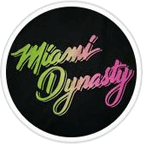 A black circle with the words miami dynasty written in pink and green.
