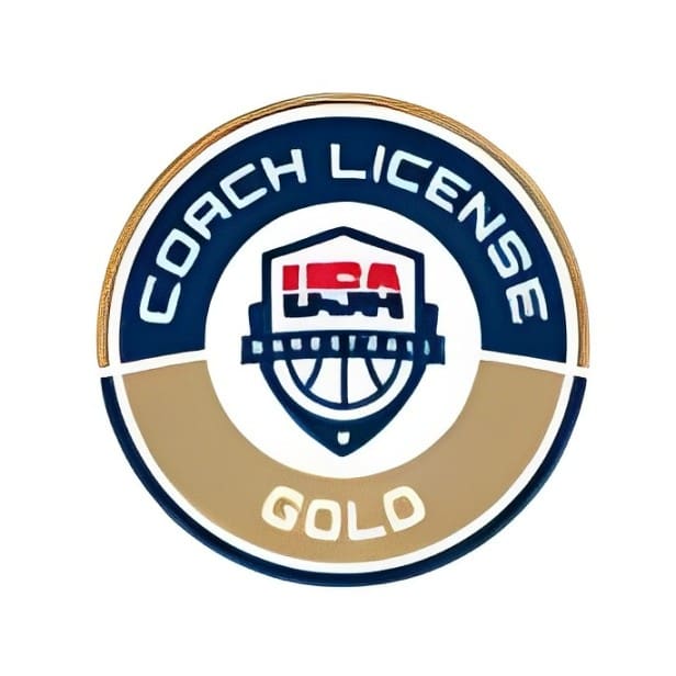 A coach license gold seal with the usa basketball logo.