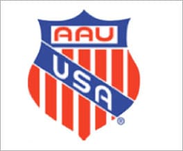 A red white and blue logo for aau usa.